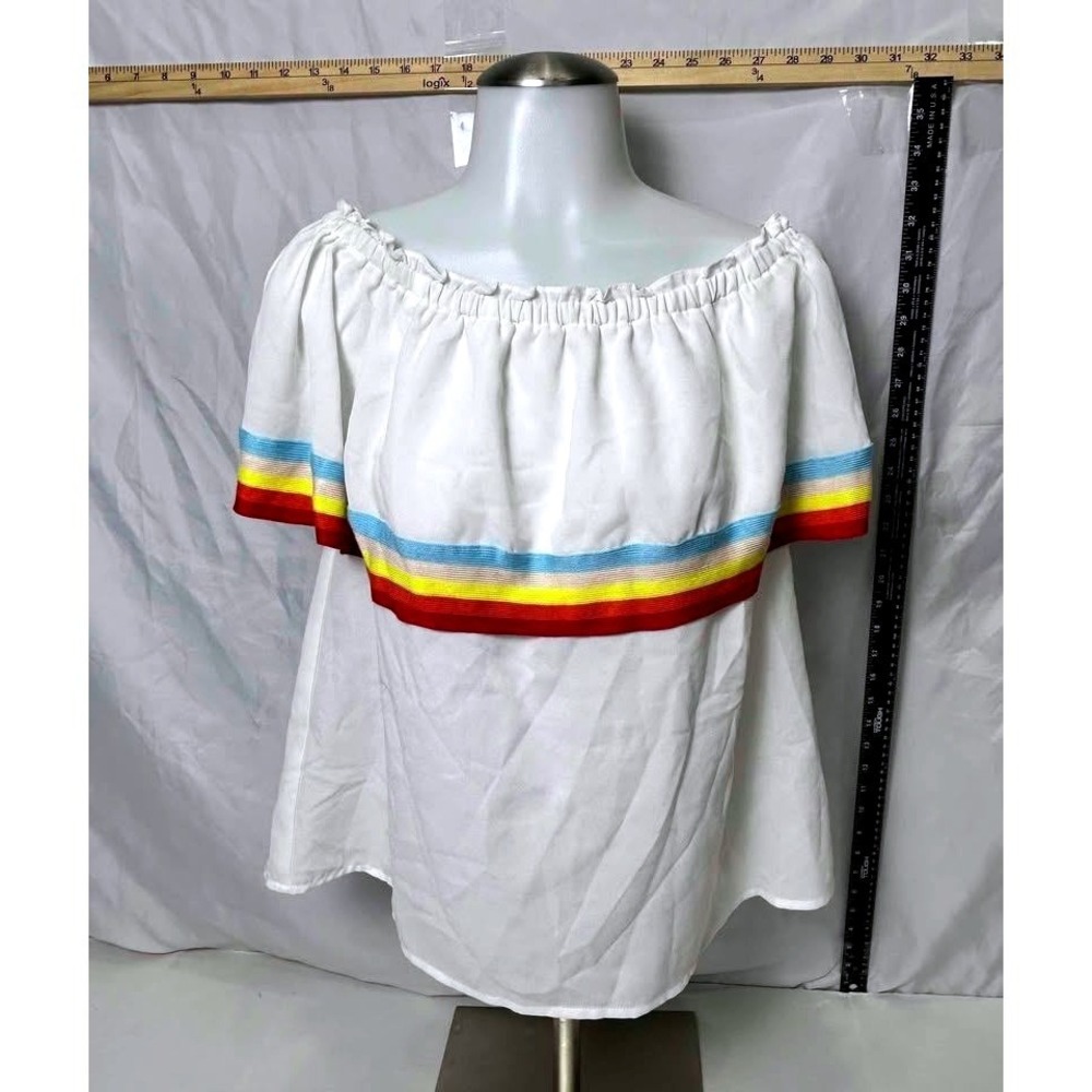 Entro~Women's White Rainbow Striped Ruffle Off Shoulder Overlay Blouse Top/Small - Picture 2 of 10